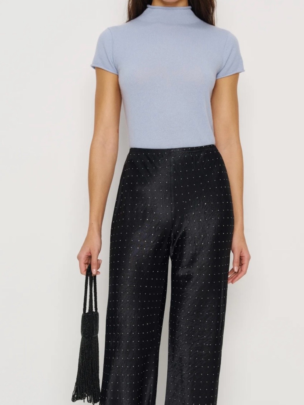 Reformation Black Wide Straight-Leg Pants with Subtle Dot Detail